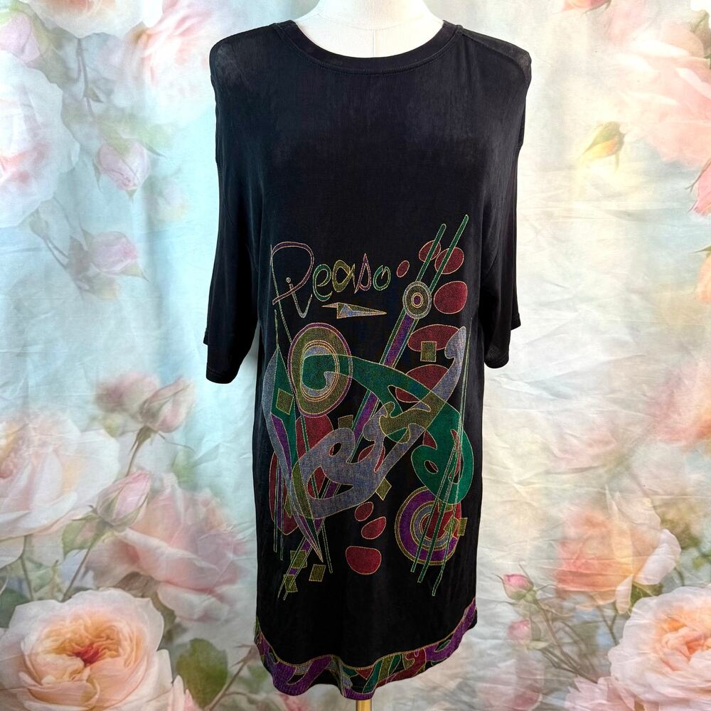 Vintage Rare 90s Reaso Abstract Front & Back Print Stretchy Shirt Dress